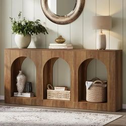 Tribesigns 70.9" Brown Console Table with 3 Arched Shelves for Foyer, Hallway, Living Room