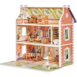 ROBUD Wooden 3-Story Dollhouse with Furniture Set