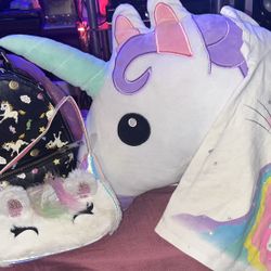 Preowned Unicorn everything….all in good condition Backpack 10.8x10.2x5.1, size 5 T-shirt, 8x8x2 mini Claire’s purse & approximately a 18x17 in pillow