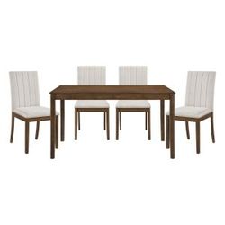 Brand new brown dining table (58.75 x 34 x 5.25H) + 4 biege linen chairs