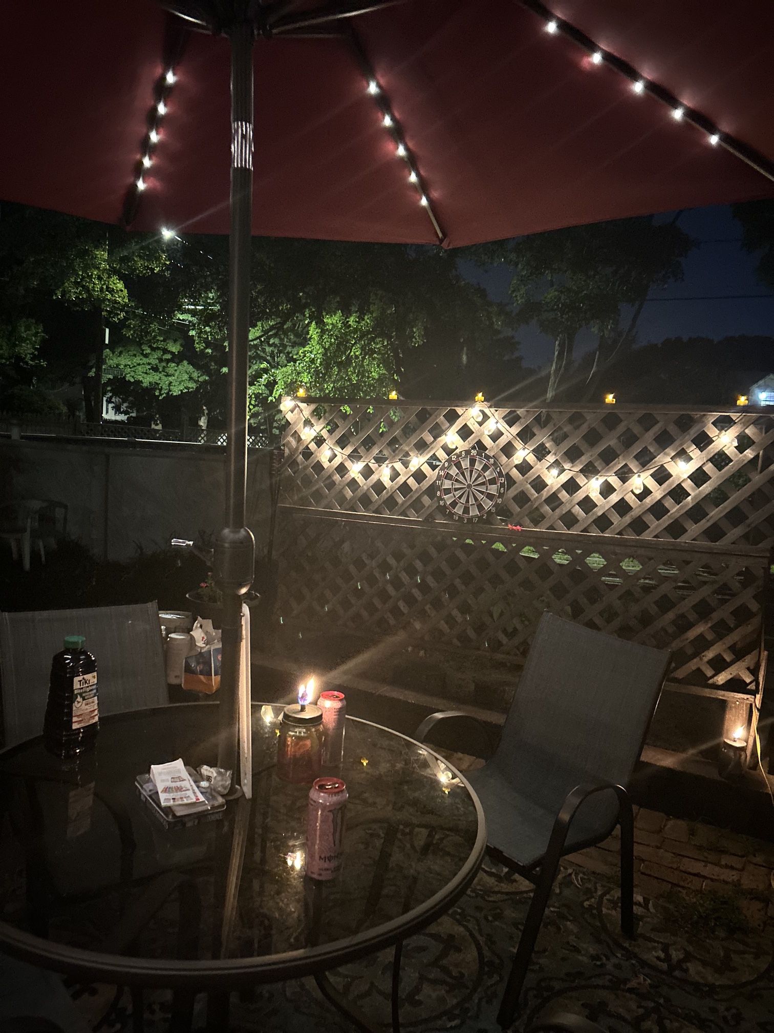Patio Glass Table With 4 Chairs And Solar LED Lighted Patio Umbrella