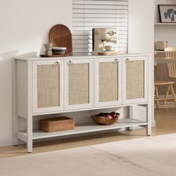 Rattan Sideboard Buffet Cabinet with Open Storage - Large Storage Cabinet with 4-Doors and Adjustable Shelves, Boho Credenza Coffee Bar Cabinets Buffe