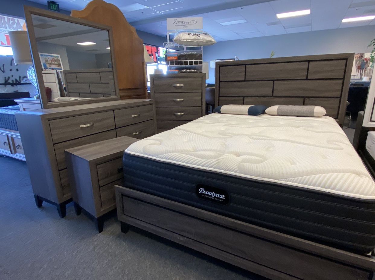 Queen Gray 4pc Bedroom Set Bed Dresser Mirror Nightstand Optional Chest, extra nightstand, King size and mattress set available for extra pick up can