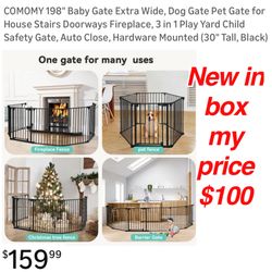New in box COMOMY 198" Baby Gate Extra Wide, Dog Gate Pet Gate for House Stairs Doorways Fireplace, 3 in 1 Play Yard Child Safety Gate, Auto Close,  (