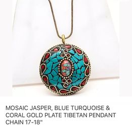MOSAIC JASPER, BLUE TURQUOISE & CORAL, GOLD PLATE Large TIBETAN PENDANT with CHAIN 17-18"