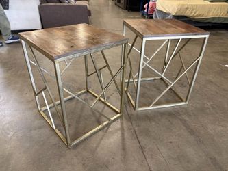 Rustic Modern Alvaro Side Tables with Geometric Brass Base (Set of 2)