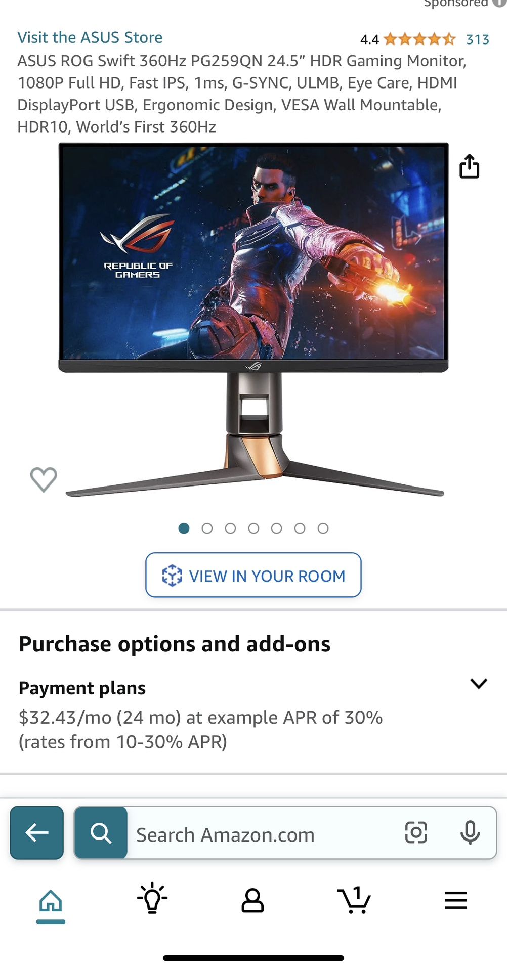  ASUS ROG Swift 360Hz PG259QN 24.5” HDR Gaming Monitor, 1080P  Full HD, Fast IPS, 1ms, G-SYNC, ULMB, Eye Care, HDMI DisplayPort USB,  Ergonomic Design, VESA Wall Mountable, HDR10, World's First 360Hz 