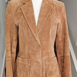 Women's Camel Brown Suede Leather Blazer Jacket 6