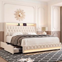 Full Size LED Bed Frame with Outlets and USB Ports, 2 Storage Drawers Modern Wingback Crystal Button Tufted Velvet Upholstered Platform Bed Frame, Bei