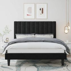 Queen Size Platform Bed Frame with Upholstered Velvet Channel Headboard, Black