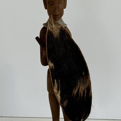 Vintage African Warrior Hand Carved Wooden Figurine Metal Neck Rings Shield