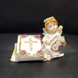 Vintage Angel Resin Figurine Violin Prayer Book Embossed Cross Pink Floral Crown