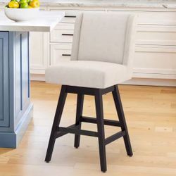 Joyce 26 in. Modern Linen Fabric Upholstered Swivel Bar Stool with Solid Wood Leg High Back, Set Of 4