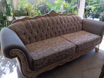 Victorian Style Tufted Sofa with Carved Wood Frame