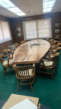 Sixteen Foot Boardroom Table With Fourteen Matching Chairs 