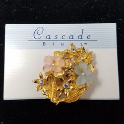 NWT Vintage Signed Lia Sophia Blue & Pink Mother of Pearl Flowers Blue & Clear Crystal Brooch Pin