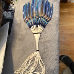 - Authentic ceremonial   Native American Beaded Feather Fan Apache Payote - Mint
