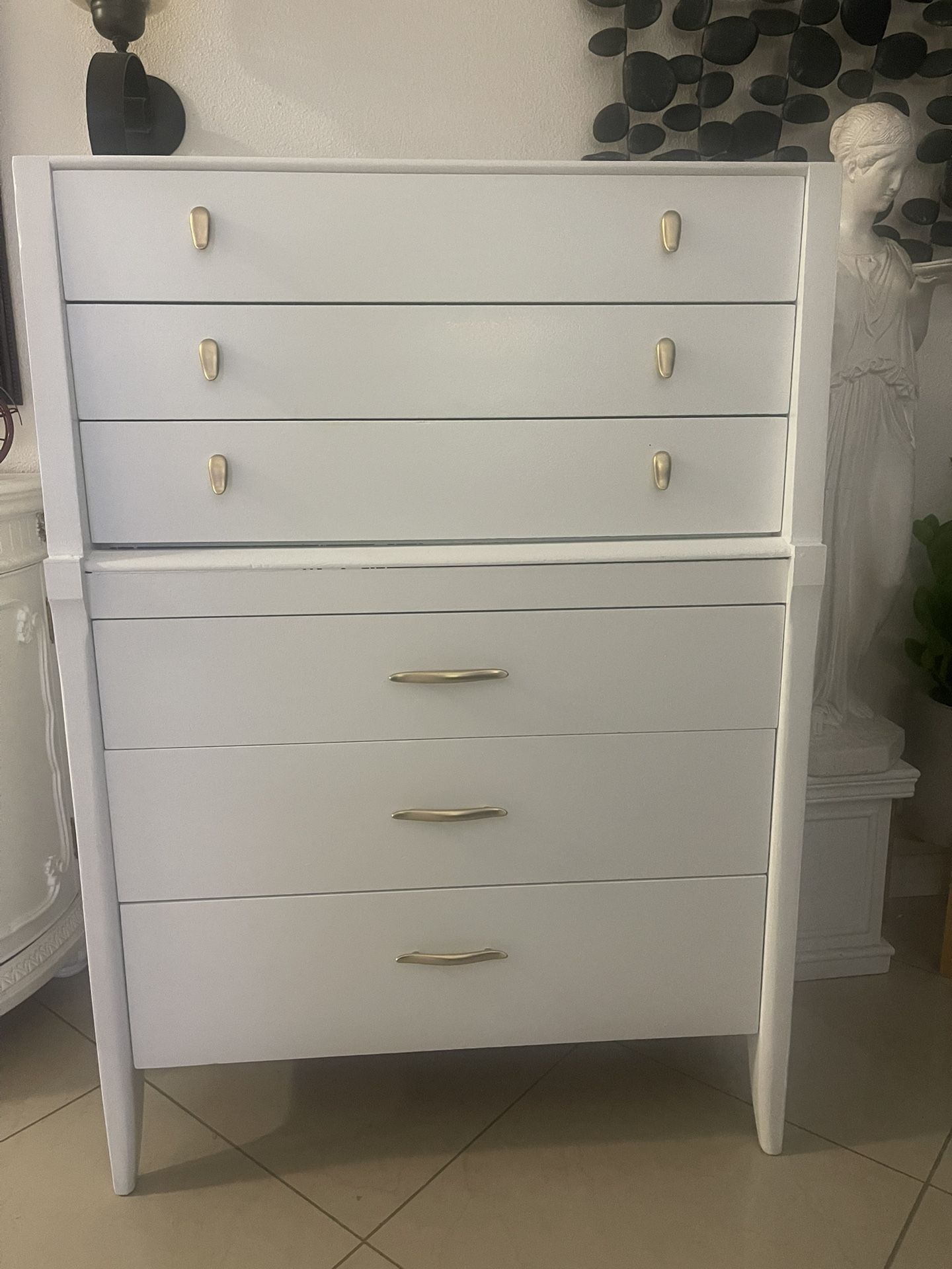 Solid Wood White Dresser 34” Long 18” Wide And 48” High In Good Condition