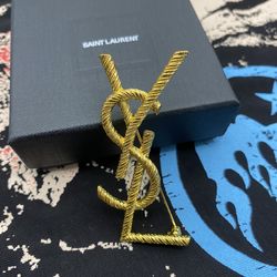 Yves Saint Laurent Gold YSL Lettering Party Dress Brooch