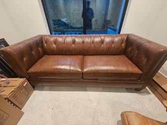 2-piece Brown Leather Chesterfield Sofa