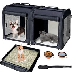Large Cat Carrier,Cat Travel Carrier with Litter Box,Double Cat Carrier for 2 Cats and Medium Dog,Portable 2-in-1 Dog Compartment Travel Crate House w