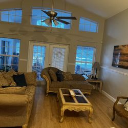 Beige Living Room Set With Matching Couch With Chase, Center Table , And Chair With Throw Pillows. Black Queen Size  Bedroom Set