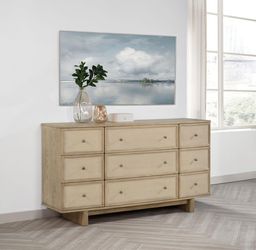 New Modern Coastal 9-Drawer Dresser | Beige Oak & Cane Wide Chest w/ Jewelry Organizer
