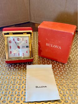 Bulova Wind-Up Travel Alarm Clock Red Folding Case Day Date, works- Original Box