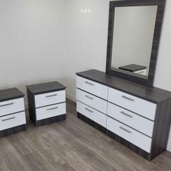 Dark Grey And Glossy Dresser, Mirror And 2 Nightstands 