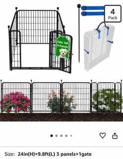 Dog Playpen Outdoor, 24in(H) x 9.8Ft(L) 4 Panels Animal Fence for Yard, Low Threshold Gate,Black Metal Garden Fencing, Temporary Fence for Puppy
