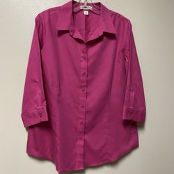 Women’s COLDWATER CREEK 100% Cotton (No Iron)Pink 3/4 Sleeve Button-Down Top Shirt… Size 14
