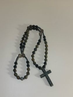 Cross Beads Necklace  Natural Tiger Eye Stone Obsidian Beaded Chain Christ Rosary Necklace Meditation