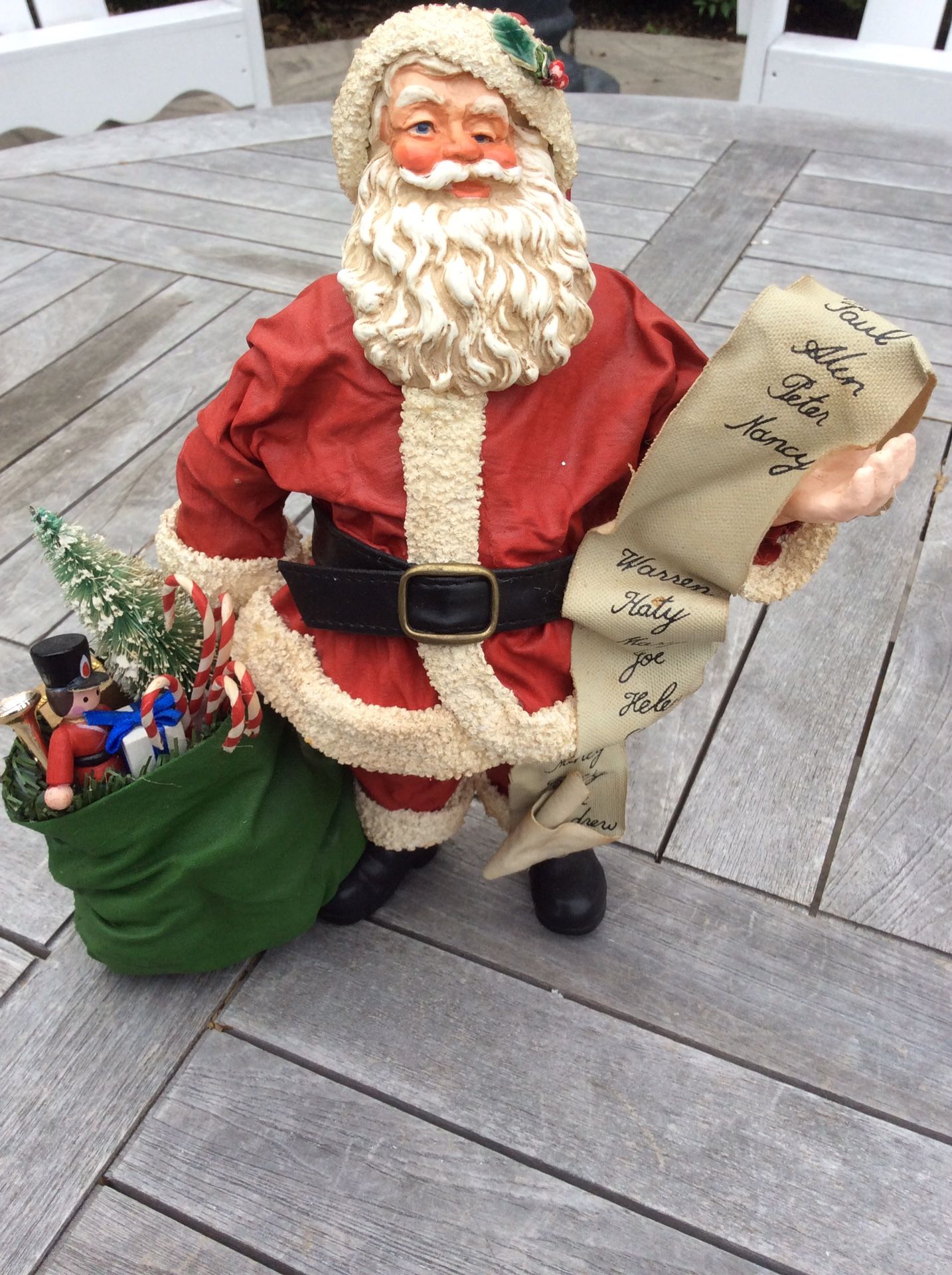 CHRISTMAS PAPER MACHE STANDING SANTA CLAUS FIGURINE HAS BAG OF TOYS & LONG LIST