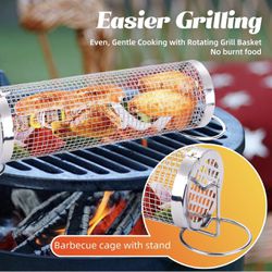 New! Unused! Grill Basket - Outdoor Rolling BBQ Basket - Stainless Steel Grill M