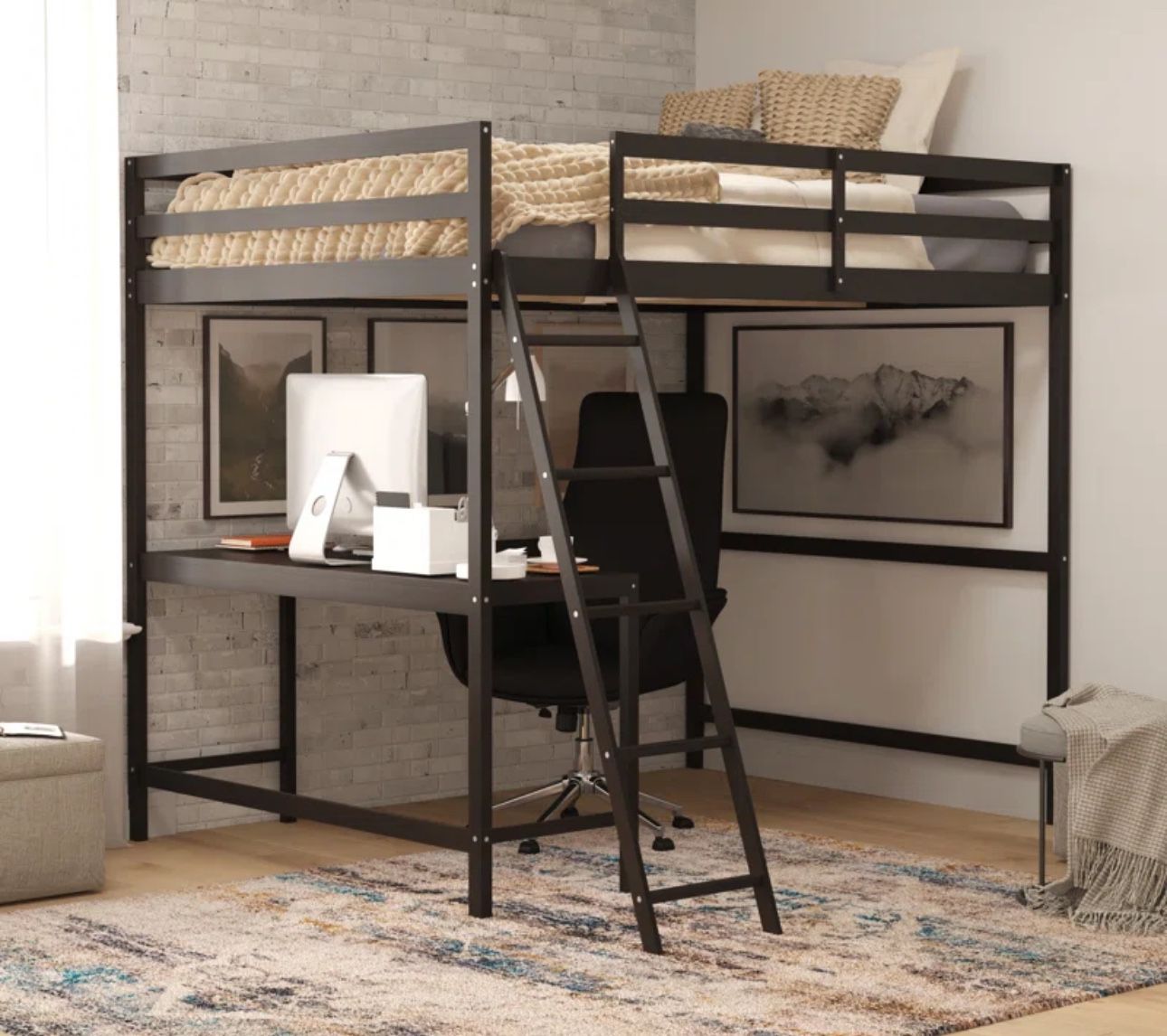 Traditional Wood Slat Loft Bed with Integrated Desk & Ladder (Espresso / Full Size)
