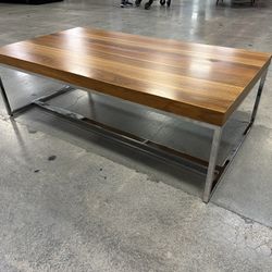 Teak Coffee Or Outdoor Table With A Stainless Still Base  