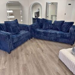 New In Boxes Blue 2pc. Sofa And Loveseat 