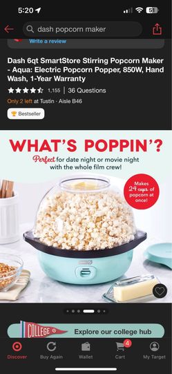 Dash 6qt SmartStore Stirring Popcorn Maker - Aqua: Electric Popcorn Popper, 850W,