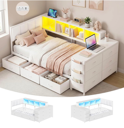 Twin Corner Bed Frame with Storage Dresser,Bookcase and Charging Station,Metal Platform Bed Frame with 9 Fabric Storage Drawers and LED Lights,Twin Si