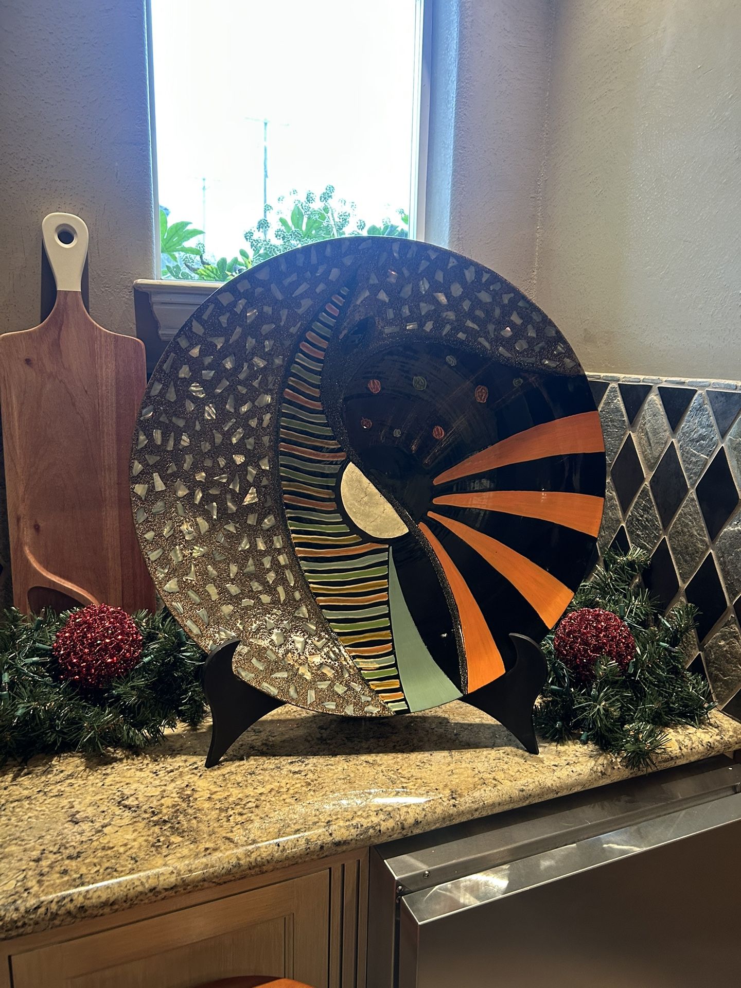 Abstract Decorative Plate And Stand ! 26 “ Round