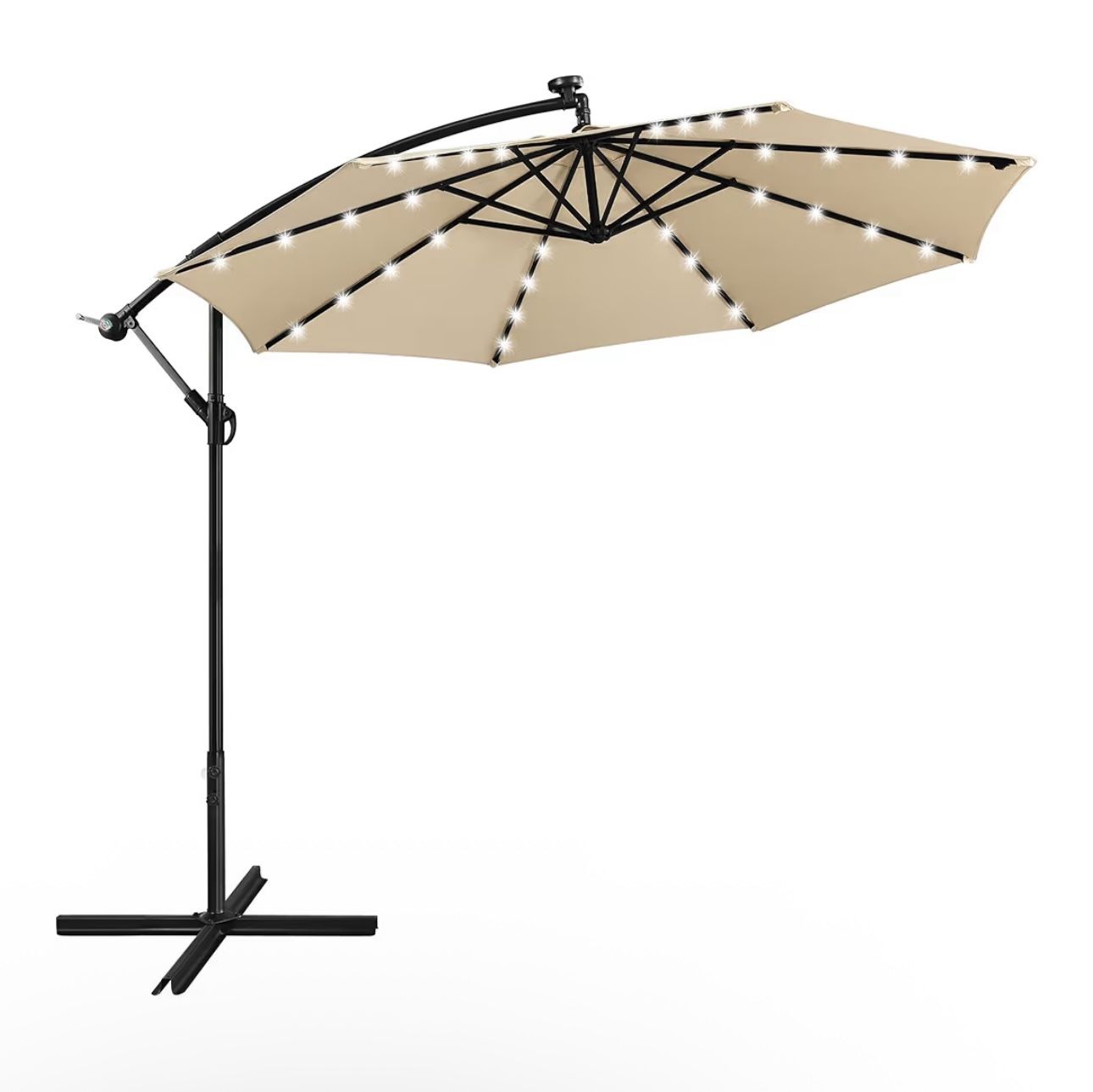 10FT Solar Offset Umbrella with 32 LED Lights Cantilever Hanging Outdoor Umbrellas Handy Crank & Cross Base for Lawn/Deck/Backyard/Pool Tan