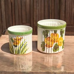 Vintage Hand Painted Ceramic Ribbed Cache Pot Made in BRAZIL Floral Design