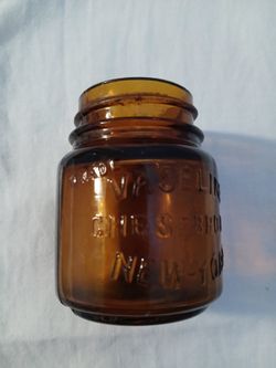 ANTIQUE BROWN GLASS VASOLINE JAR, CHESEBROUGH, NEW YORK