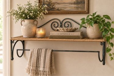 Vintage Rattan and Iron Wall Shelf with Towel Bar