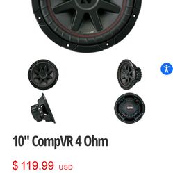 43CVR104 KICKER CompVR 10-Inch Black Subwoofer, 4-ohm, Dual Voice Coil, 350W RMS