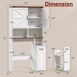 🥨UPOSOJA Farmhouse Over The Toilet Storage Cabinet with Pulley Small Bathroom Storage Cabinet, Space Saver W/Adjustable Shelf & Open Shelf for Bathro