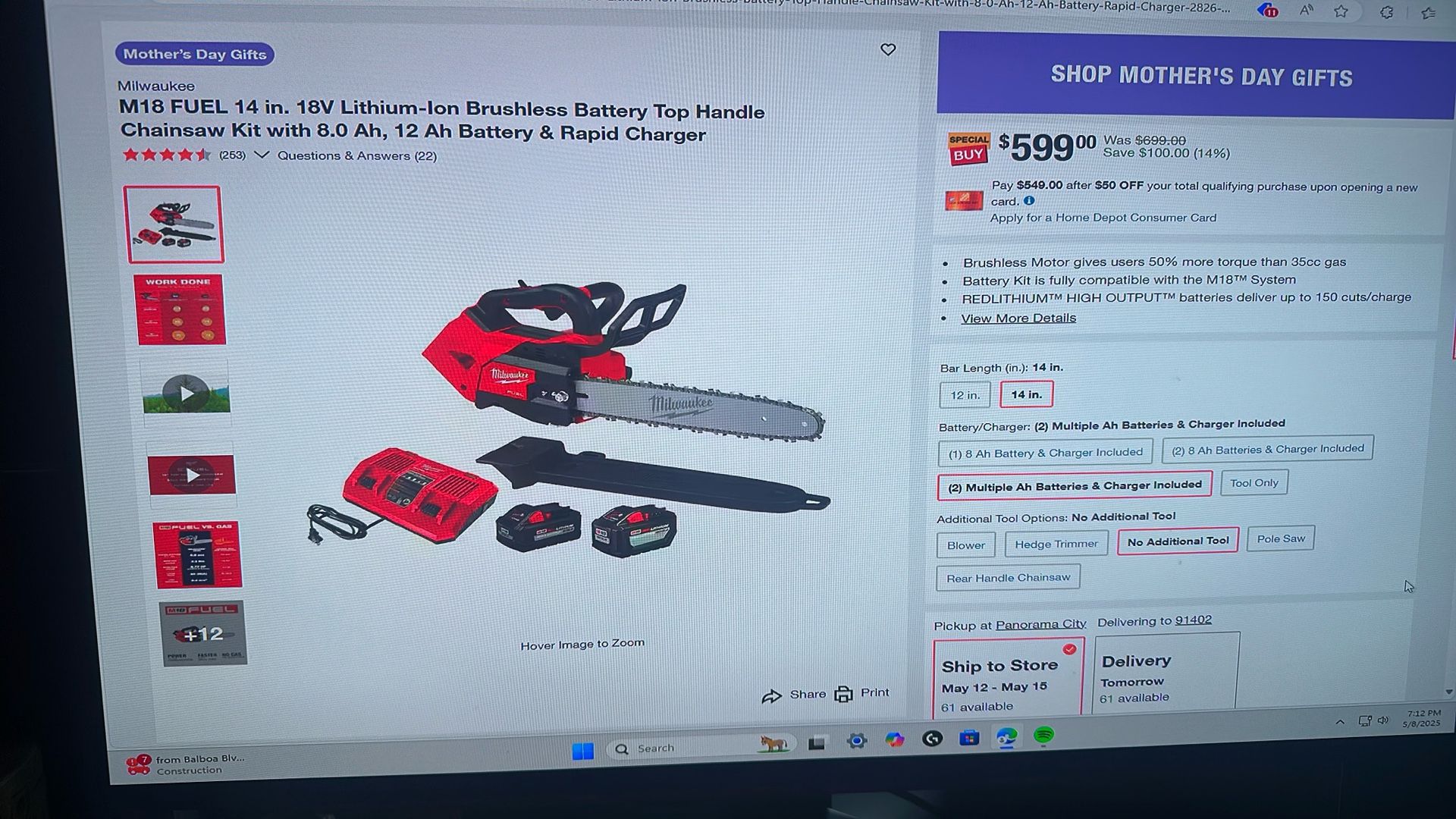 Milwaukee 2826-22T M18 FUEL 14 in. 18V Lithium-Ion Brushless Battery Top Handle Chainsaw Kit with 8.0 Ah, 12 Ah Battery & Rapid Charger