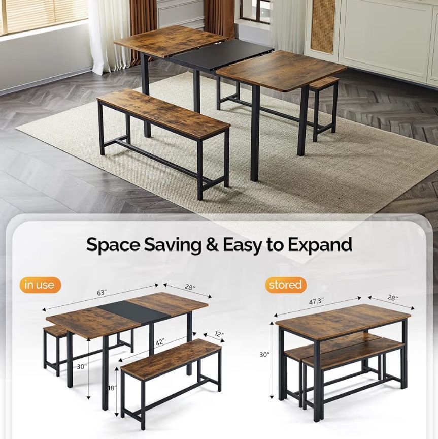 Expandable Dining Table With 2 Benches (BRAND NEW)