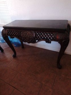 Ornate Wood Console Table with Stone Top