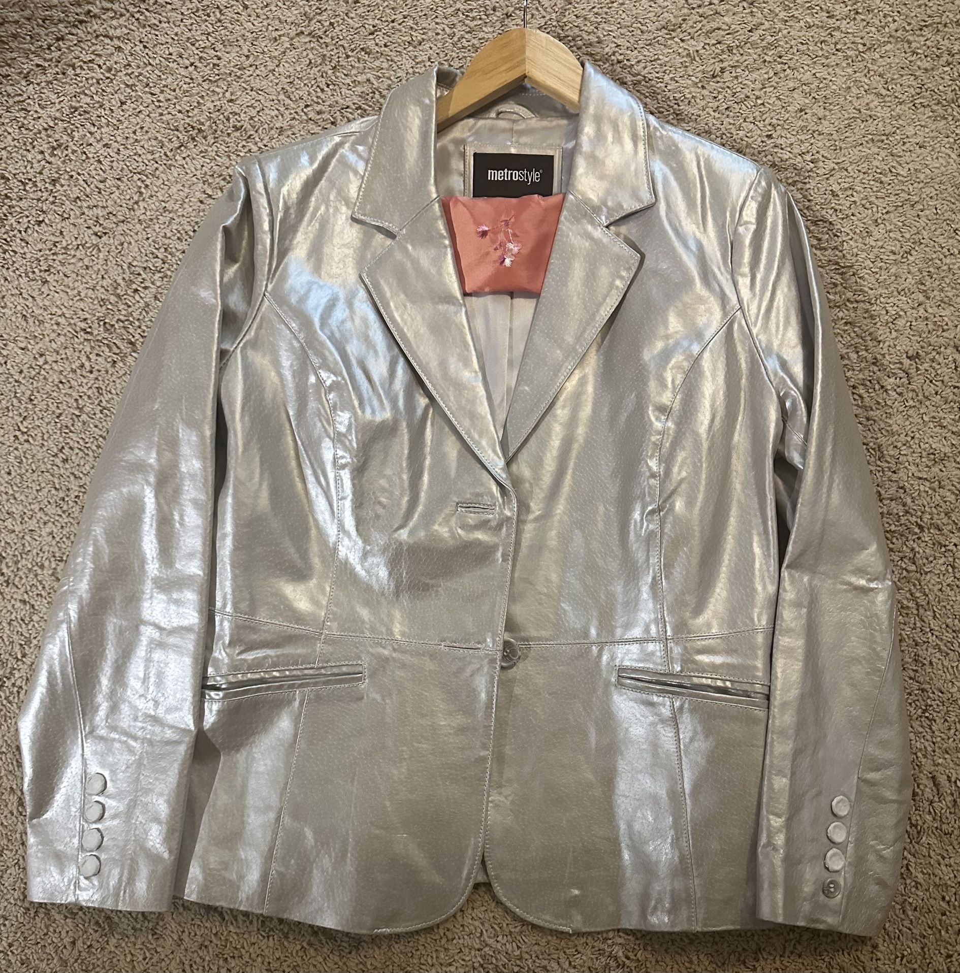Metallic silver leather blazer